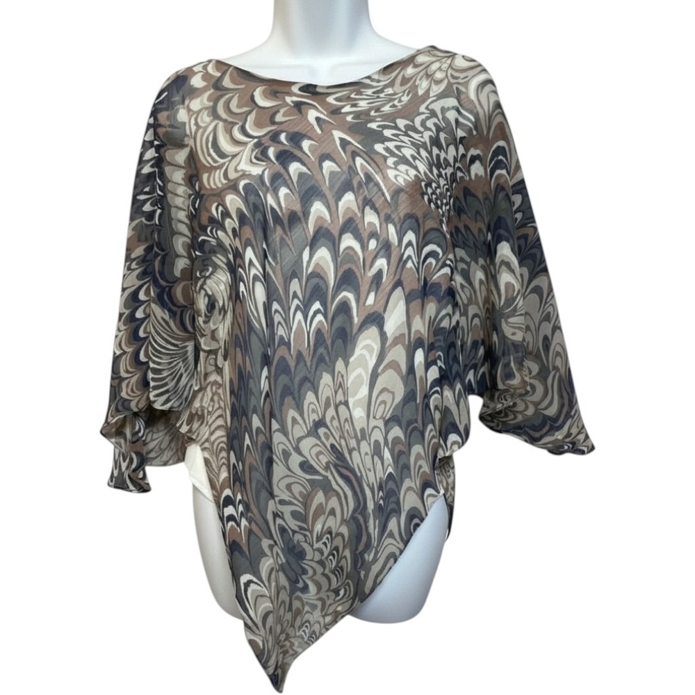 Kaelyn-Max Womens Blouse Feather Print Asymmetrical Hem Large Brown Batwing Top